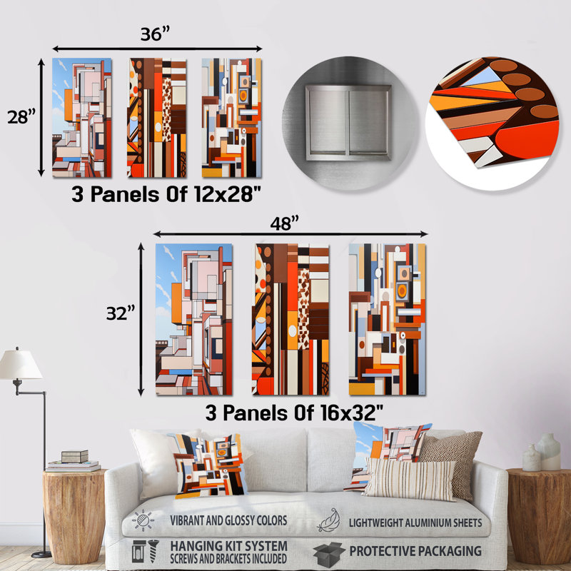 Cocoa Charm De Stijl Landscape - Abstract Cubism, ensemble de 3 reproductions d'art en métal, H 32 po x l 48 po