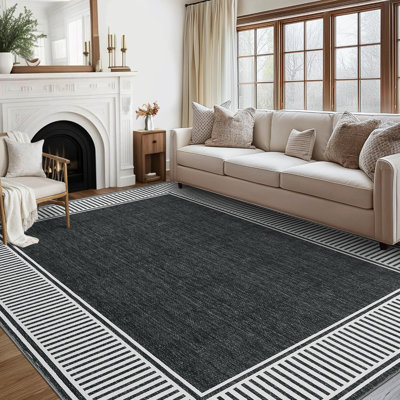 Bordered Runner Rug Non-Slip Modern Hallway Rug, Stain-Resistant Low Pile Accent Carpet, Machine Washable Contemporary Indoor Floor Mat