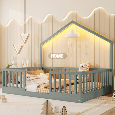 Full Floor Bed with High Rails, Wooden Montessori Bed with Light for Kids, Boys and Girls, Safe and Comfortable Sleep Environment