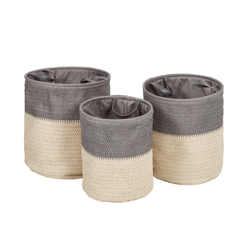 Gray and Natural Woven Collapsible Laundry Basket Set for Kids