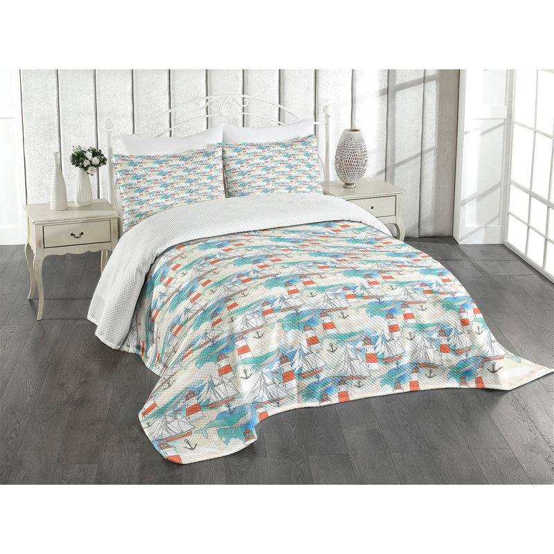 Ambesonne Lighthouse Bedspread Set Nautical Whale Boats Multicolor