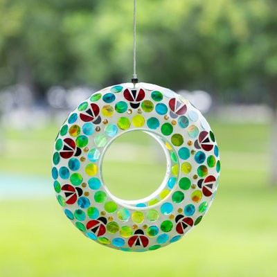 Mangeoire d'oiseaux en mosaïque multicolore à pois bleus / verts