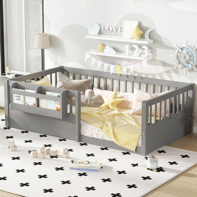 Taquile Kids Wood Floor Bed with Fence & Built-In Bookshelf by NFusion