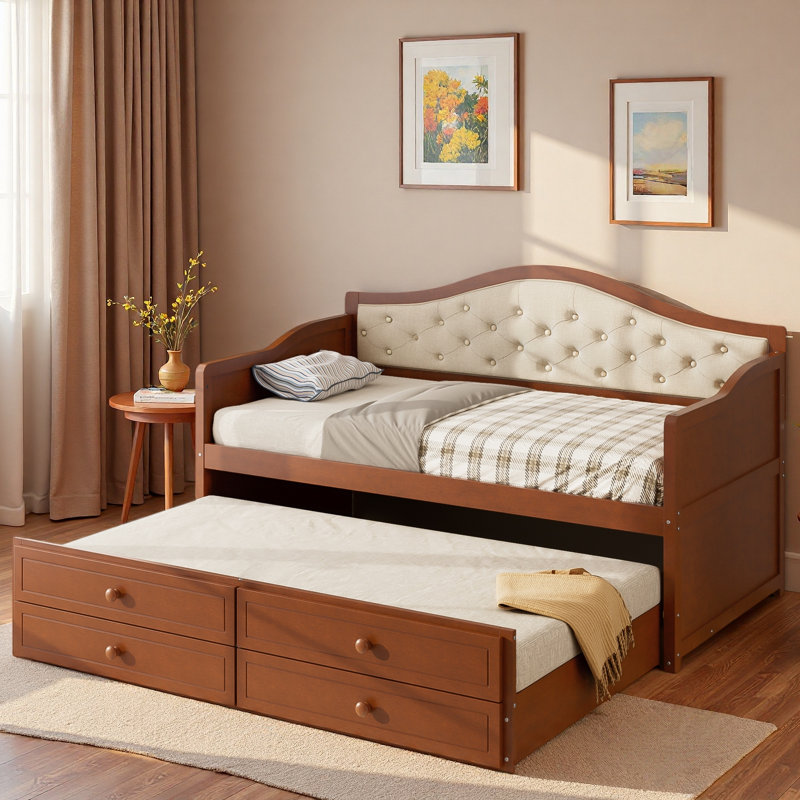 Wooden Daybed With Trundle, 2 Storage Drawers And Upholstered Button Tufted Backrest, Walnut