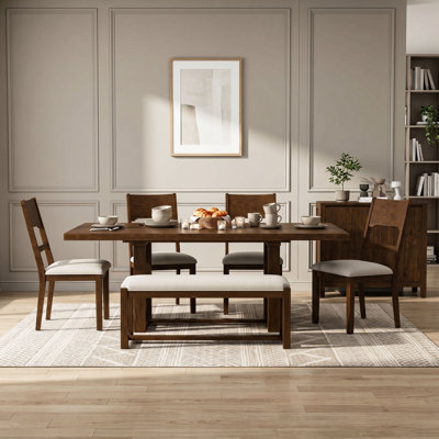 6Pcs Wooden Extendable Dining Table Set with Bench and Chairs
