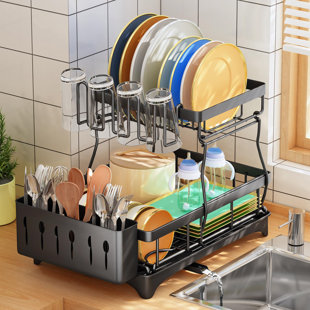  MAJALiS Over Sink Dish Drying Rack, Stainless Steel 2 Tier  Large Dish Drainer Above Sink Adjustable 27.5 - 34.6, Expandable Kitchen  Counter Organizer Storage Shelf with 6 Hooks