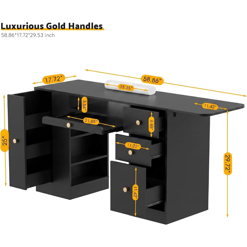 Table de manucure blanche de 147 cm (58 pouces) avec rallonge latérale pliable, tiroirs de rangement et organisateur d'outils, poste de travail professionnel pour prothésiste ongulaire en salon ou à domicile.