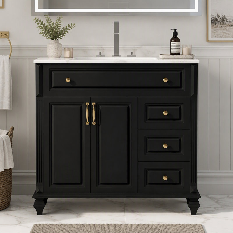 Meuble-lavabo de 36 pouces (91 cm) avec tiroir rabattable et poignées dorées, Black