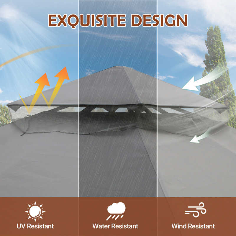 Gray 13x11 Metal Patio Gazebo with Mosquito Netting