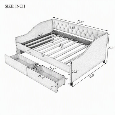 Upholstered daybed with Two Drawers, Wood Slat Support, Beige, Full Size