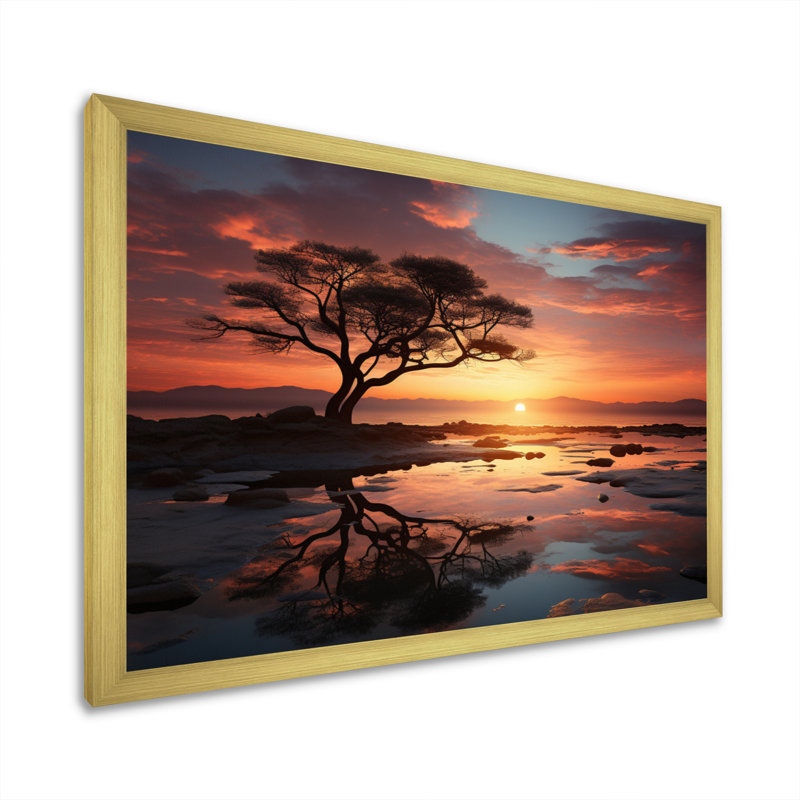 Coucher de soleil harmonie en Afrique - art mural sur toile Sunset, H 30 po x l 40 po x P 1,5 po, Encadrement doré