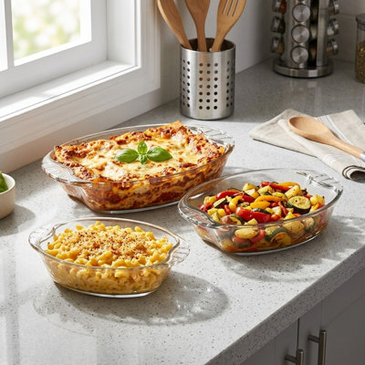 3-Piece Glass Baking Dish Set, Oblong Casserole Dishes with Handles