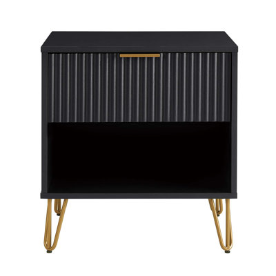 Black Fluted Nightstand | Modern Glam 1-Drawer Bedside Table | Gift Idea