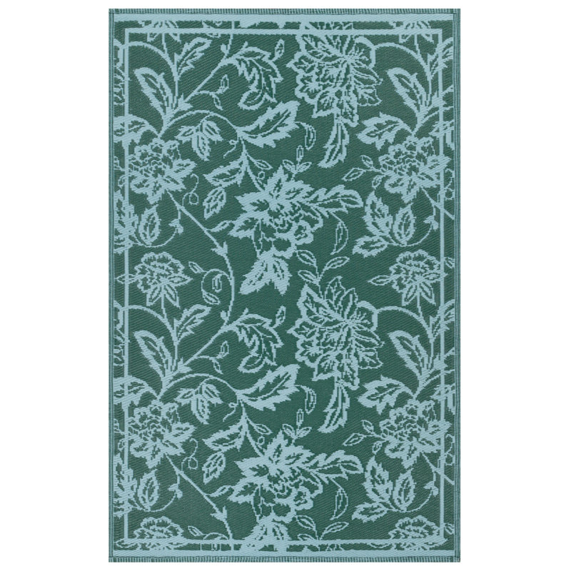 Anemone Floral Flatweave Indoor / Outdoor Area Rug, Teal