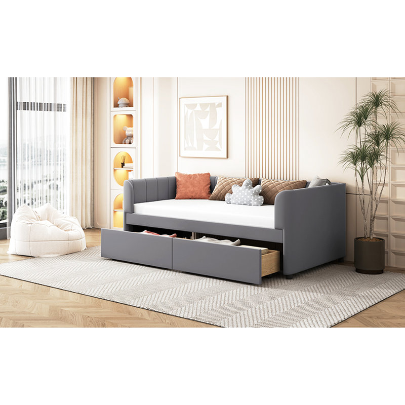 Lit de jour simple confortable avec 2 tiroirs et tiroirs de soutien du dos ergonomiques en tissu texturé gris, aspect sophistiqué