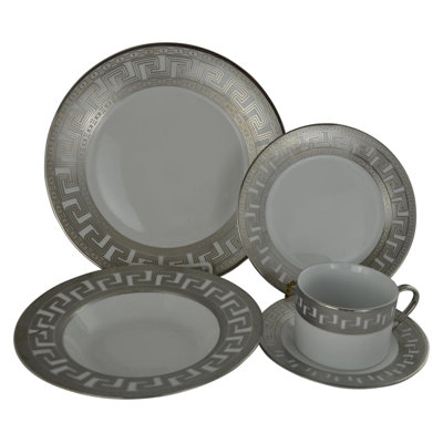 Elegant 40-Piece Silver Greek Key Porcelain Dinnerware Set