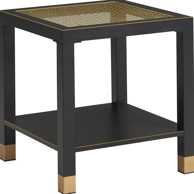 Table d'appoint carrée avec tablette, table d'appoint de style boho pour le salon, table de bout en verre trempé avec structure en métal, table de chevet pour chambre à coucher, 2 niveaux, noir