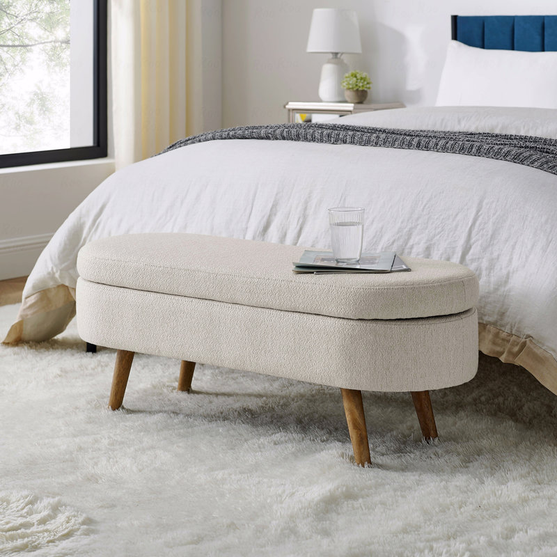 Basic Ottoman (Bench Type), Oval Storage Bench,Rubber Wood Legs, Beige