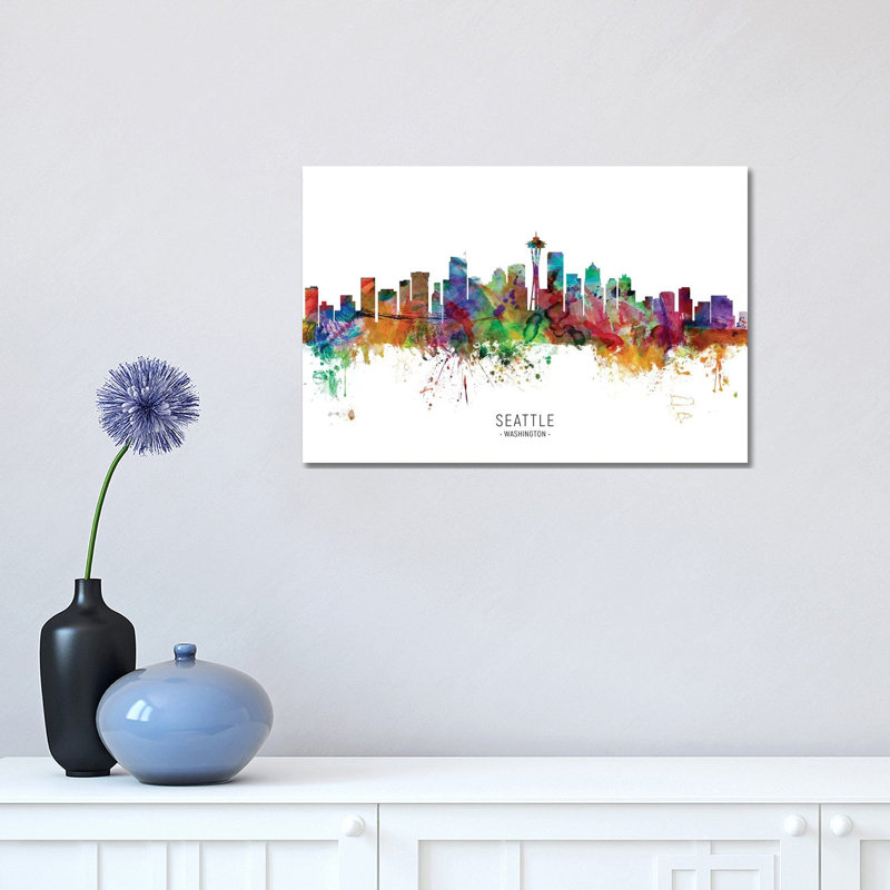 «Seattle Washington Skyline» par Michael Tompsett - peinture sur toile tendue, H 12 po x l 18 po x 1,5 po