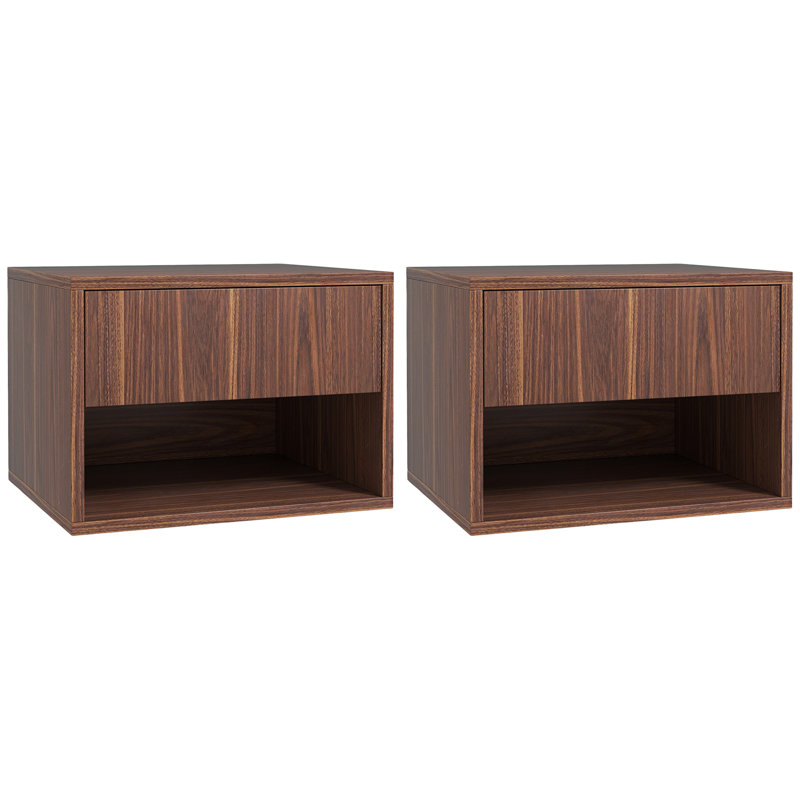 Floating Nightstand Set of 2 with Drawer and Shelf, Brown