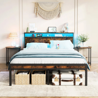 Antique Brown Full Bed Frame With Headboard, , And Charging - Strong Steel Slats, No Creaking, Easy Assembly Size Led Lighting, 2 Ports, Slat Support Mattress Sliding,