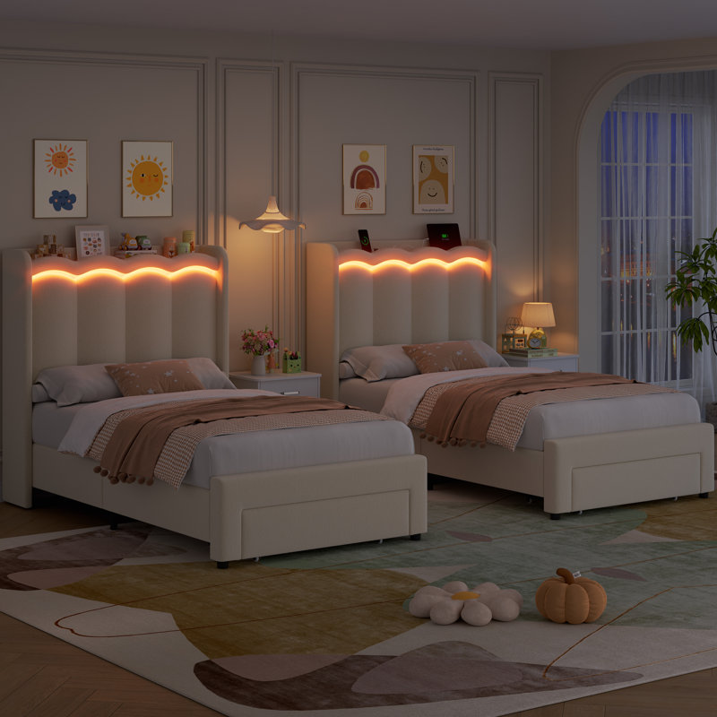 Velvet Upholstered Storage Kids Bed With LED Lights, Twin Size Platform Kids Bed With 1 Drawer, Beige, Twin