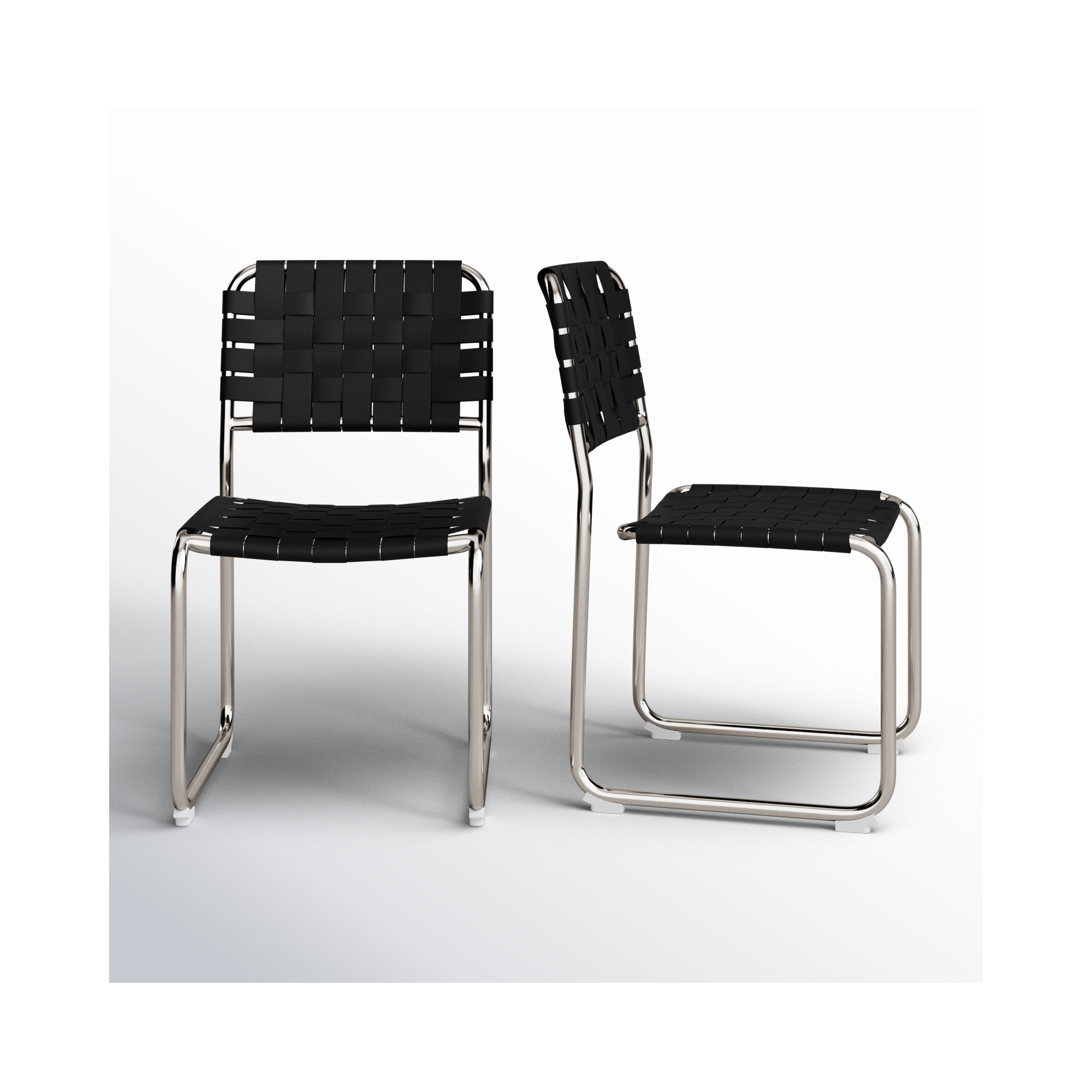 Bailee Woven Leather Cantilever Dining Chair, Black Top Grain Leather, Silver