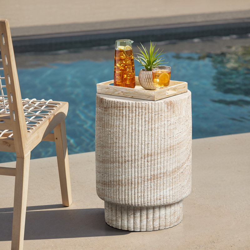 Faux Travertine MgO Patio Side Table, Sculptural Outdoor Accent Table, 18.7'' H X 13.39'' W  X 13.39'' D,  Round Ribbed