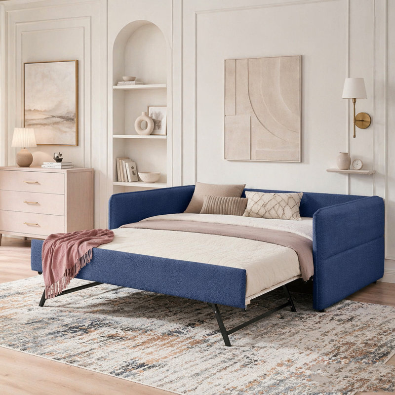 Lit de jour double capitonné avec couchette escamotable, Full / Double, Blue