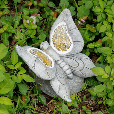 Statue de papillon solaire pour jardin, figurine en résine de 14 cm avec éclairage DEL en mosaïque, décoration extérieure étanche pour jardin, pelouse ou terrasse.