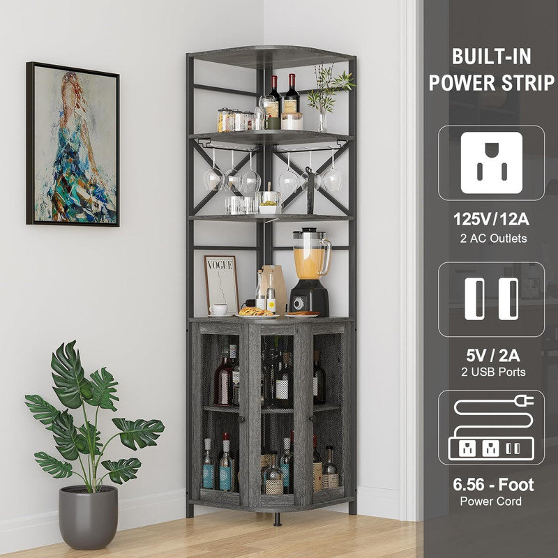 71.1" Height Corner Bar Cabinet with Wine Storage, 6 Tier Corner Shelf with LED Strip & Glass Holder, Gray