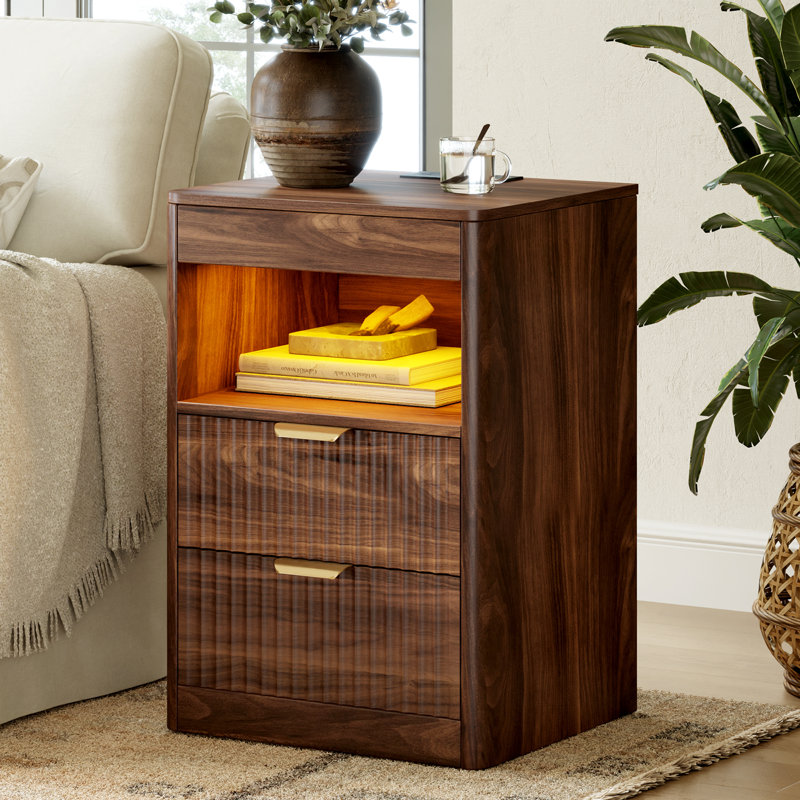 Modern Nightstand with 2-Drawers & Open Shelf, LED Nightstand with Built-in Charging Station,Suitable for Bedroom, Brown