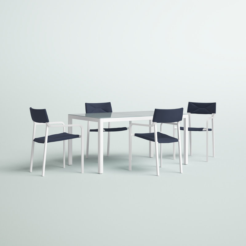 Ensemble repas d'extérieur en aluminium avec 4 chaises empilables Raleigh, Bleu marine