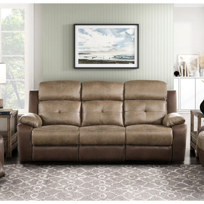 Mobilier inclinable rembourré en microfibre brun 3 pièces pour salon moderne, fabrication en bois massif et contreplaqué, sièges rembourrés de mousse, inclinable par tirette, avec rangement central de la console 3 pièces