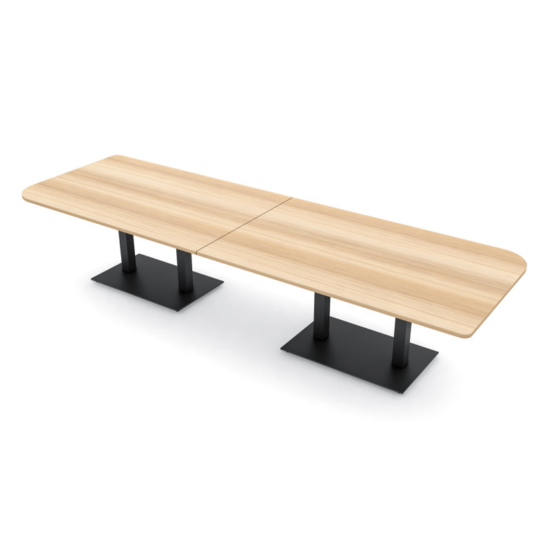 Table de conférence en forme de duo avec double base en métal, L 120 po x l 48 po, Blond blond cendré, Noir mat