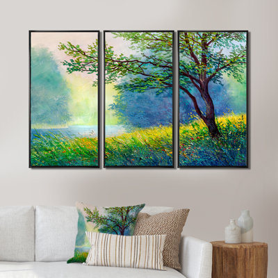 «Summer Forest With River and Waterfall», reproduction sur toile flottante 3 pièces