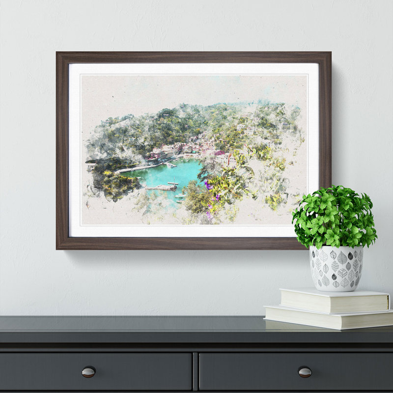 Portofino in Italy Watercolour - Picture Frame Graphic Art Print, 40cm H x 60cm W x 2cm D, Walnut Framed