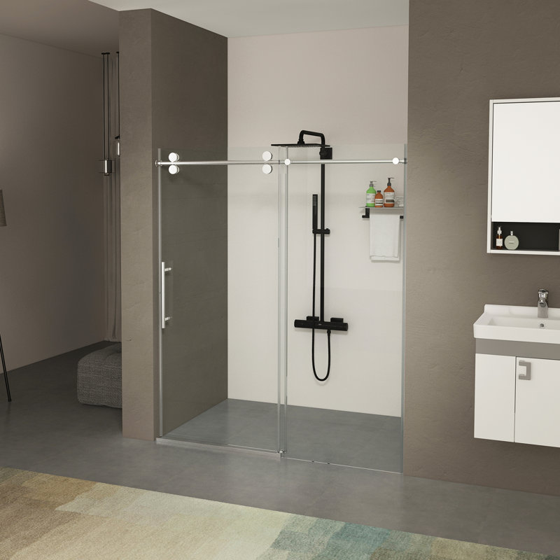 60" Width 70" High Sliding Shower Door With 8mm Tempered Glass, Double Side Coating, Finish And Buffer - Stainless Steel Pulleys, Waterproof, Step By Setup 70"h 5/16"(8mm) Thick Easy Clean Coat,