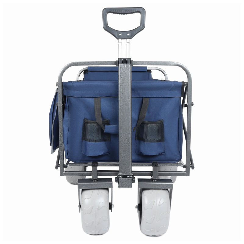 Chariot de plage robuste avec grandes roues tout-terrain, capacité de 500 lb et sac isotherme bleu foncé