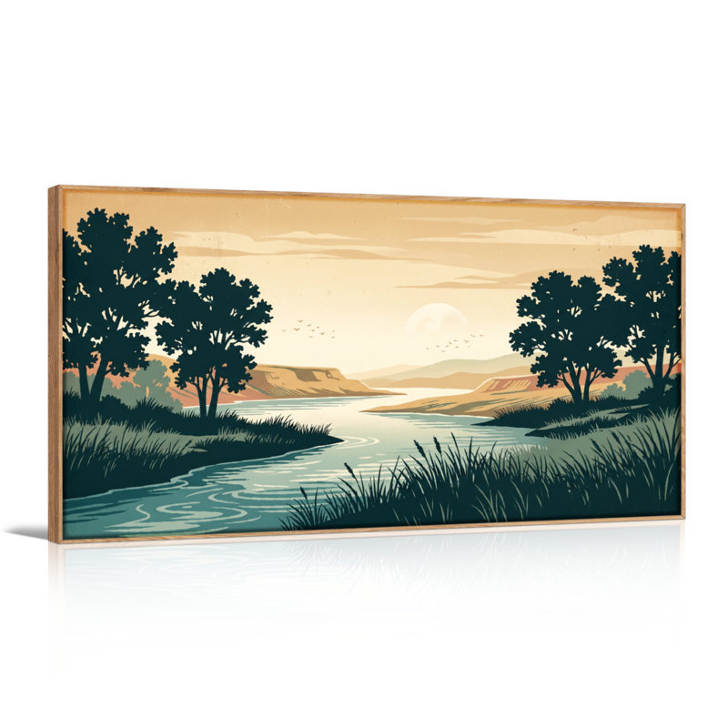 Ensemble de 1 tableau sur toile représentant un paysage de rivière, 40“W x 20”H, Natural