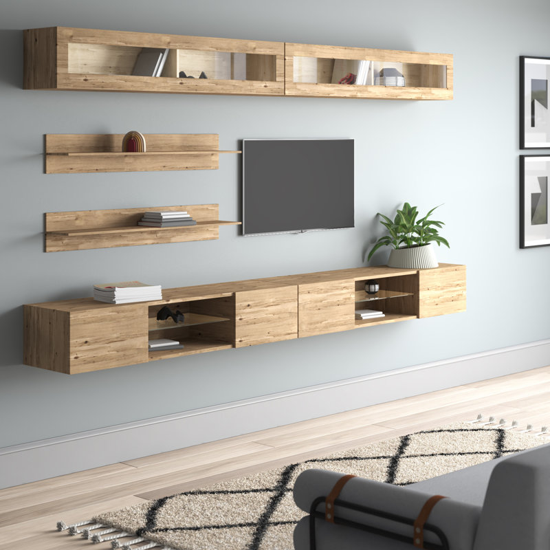 Leveille 126" Modern Floating Wall Mounted Entertainment Center with 16-Color LED Lighting, High Gloss Finish, Oak
