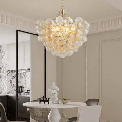 Lustre suspendu en or 27,5 pouces avec abat-jour sphérique en verre transparent fileté - Hauteur réglable, idéal pour le salon, la salle à manger, la cuisine (sans ampoules)