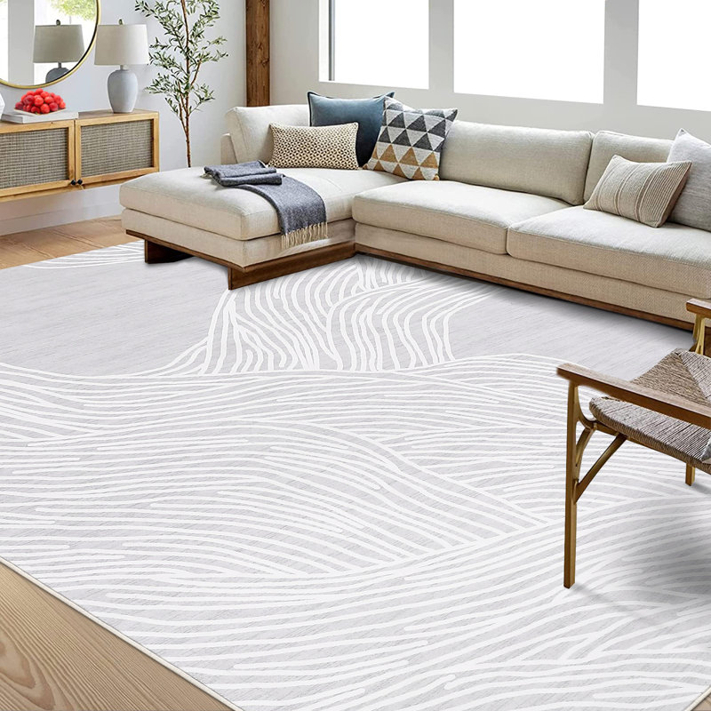 Washable Indoor Modern Abstract Area Rug Soft Low Pile Contemporary Throw Carpet Mat for Home Decor_White Black