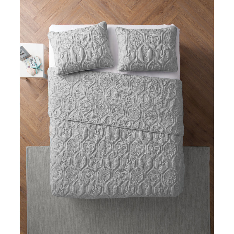 Shore 3-Piece Embossed Quilt Set, Gray, Queen Quilt + 2 Standard Shams