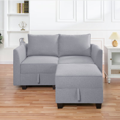 Cateleya L Shaped Sectional Upholstered Linen Loveseat with Ottoman