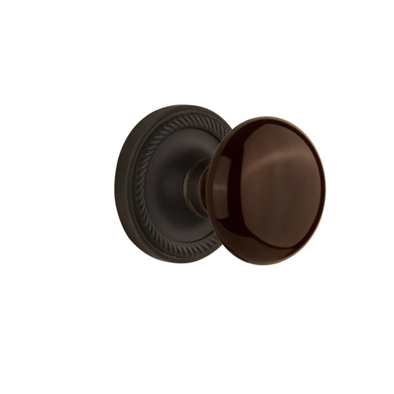 Rosette corde avec bouton de porte en porcelaine brune, 2 3/8 po, Bronze frotté à l'huile