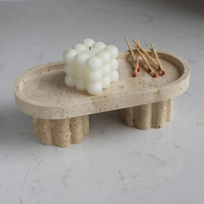 Travertine Marble Oval Tray With Legs, Decorative Vanity Catchall For Perfume, Candles, And Jewelry