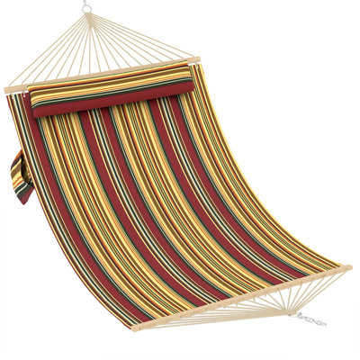 Confortable hamac matelassé pour 2 personnes avec barres d'écartement en bois franc et coussin - capacité de 450 lb - idéal pour la terrasse, la cour ou la piscine - hamac double extérieur - rayures rouges et jaunes, 350 cm