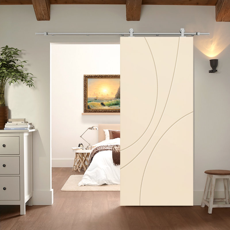 Panelled Wood and Metal Barn Door with Installation Hardware Kit, 36" x 96", Beige, Stainless Steel