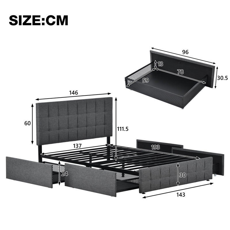 Lucienne Upholstered Twill Drawers Bed with Mattress